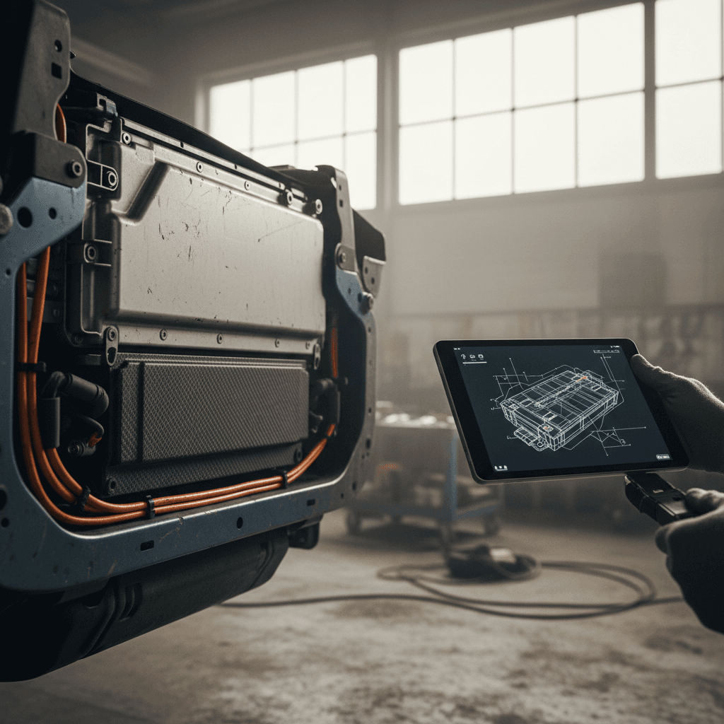 View of an electric vehicle’s underbody battery pack integrated into the chassis