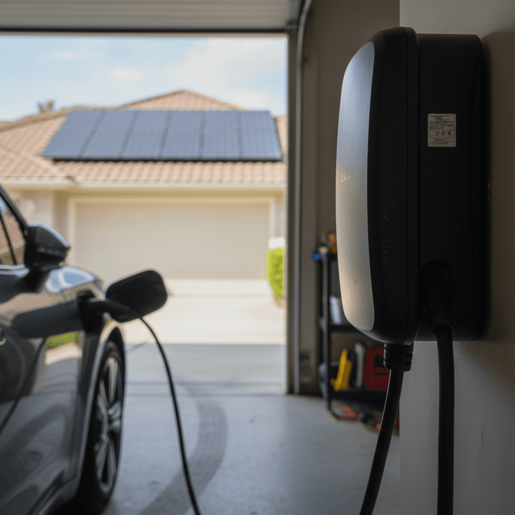 Level 2 home EV charger mounted on a garage wall with cable plugged into an electric car, rooftop solar panels visible on the house roof outside