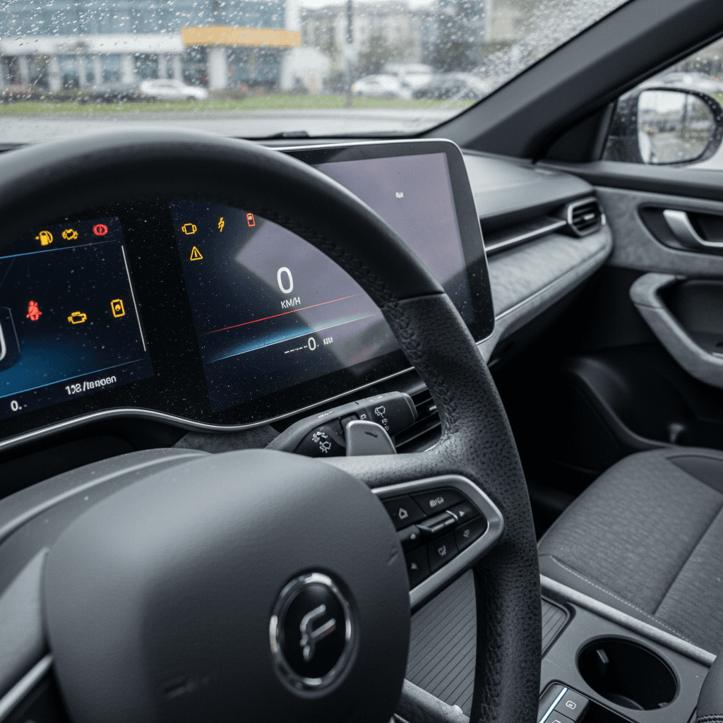 Fisker Ocean dashboard with multiple warning lights illuminated on the digital cluster