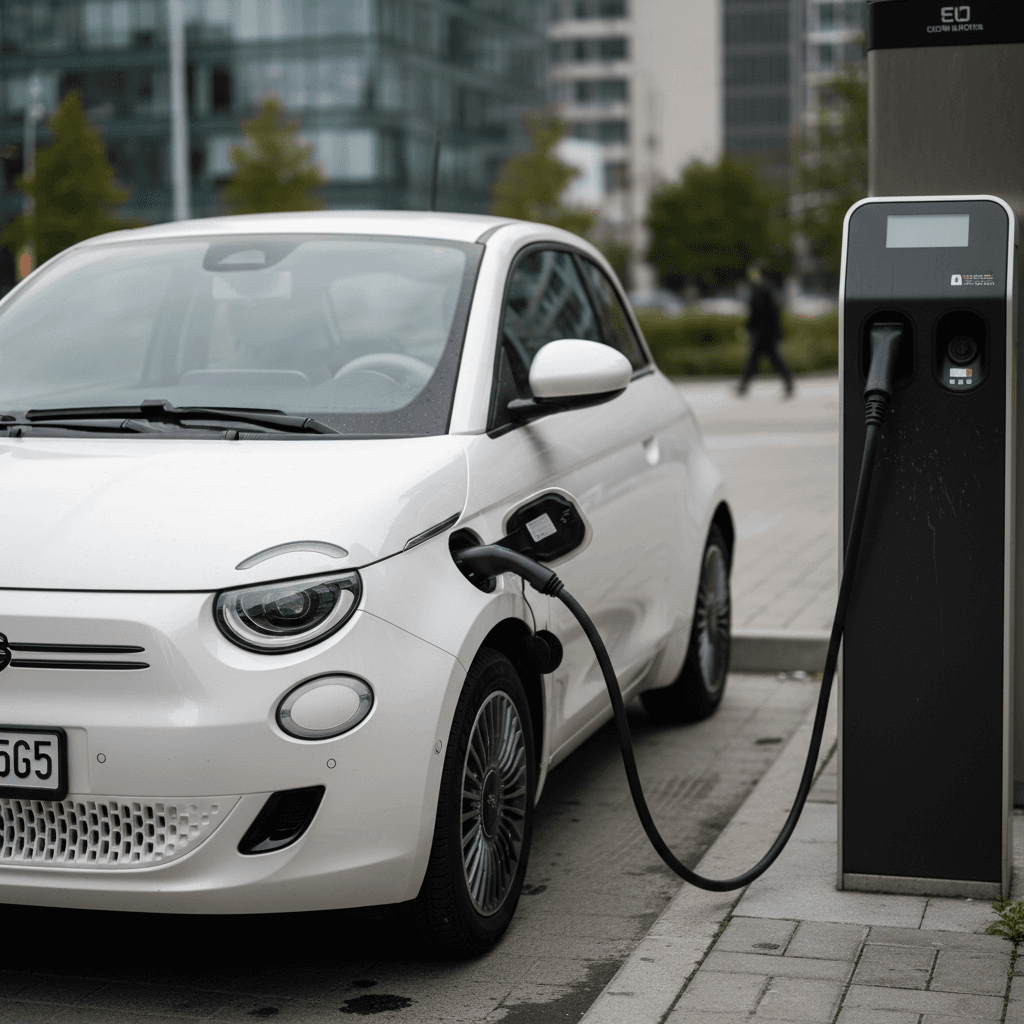 A 2025 Fiat 500e plugged into a DC fast charger at a modern urban station