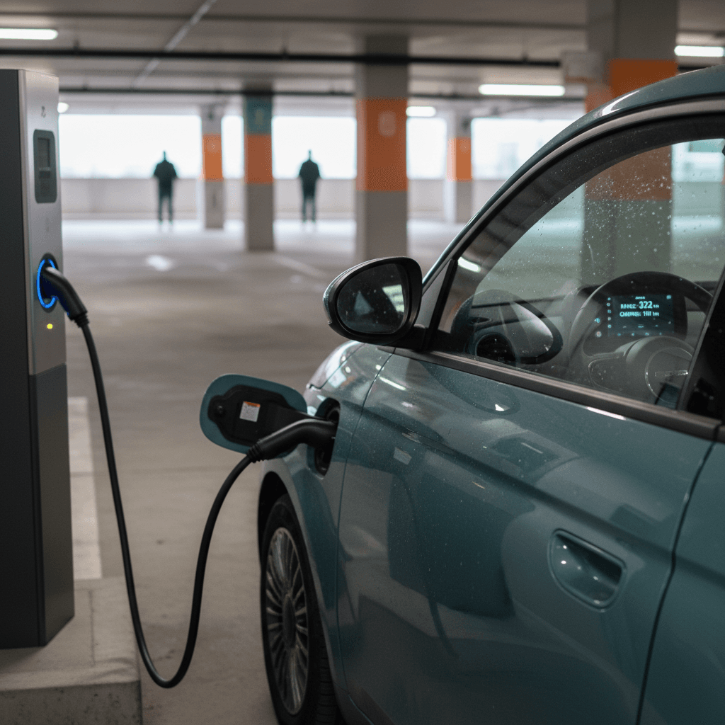 A 2025 Fiat 500e plugged into a DC fast charger while the dashboard shows remaining range