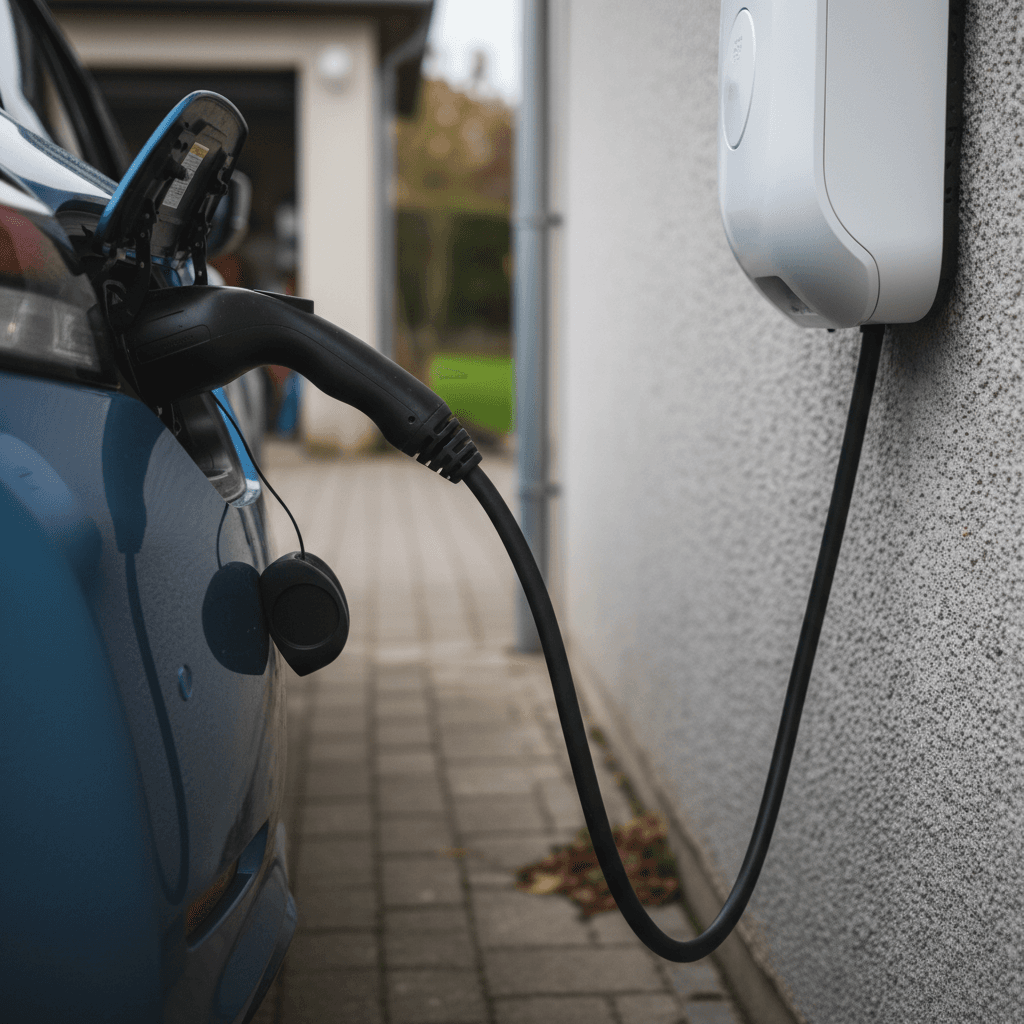 2023 Nissan Leaf plugged into a public Level 2 charging station, showing charging cable connected to front charge port