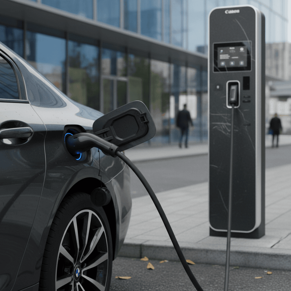 2024 BMW i5 plugged into a DC fast charger at a modern charging station