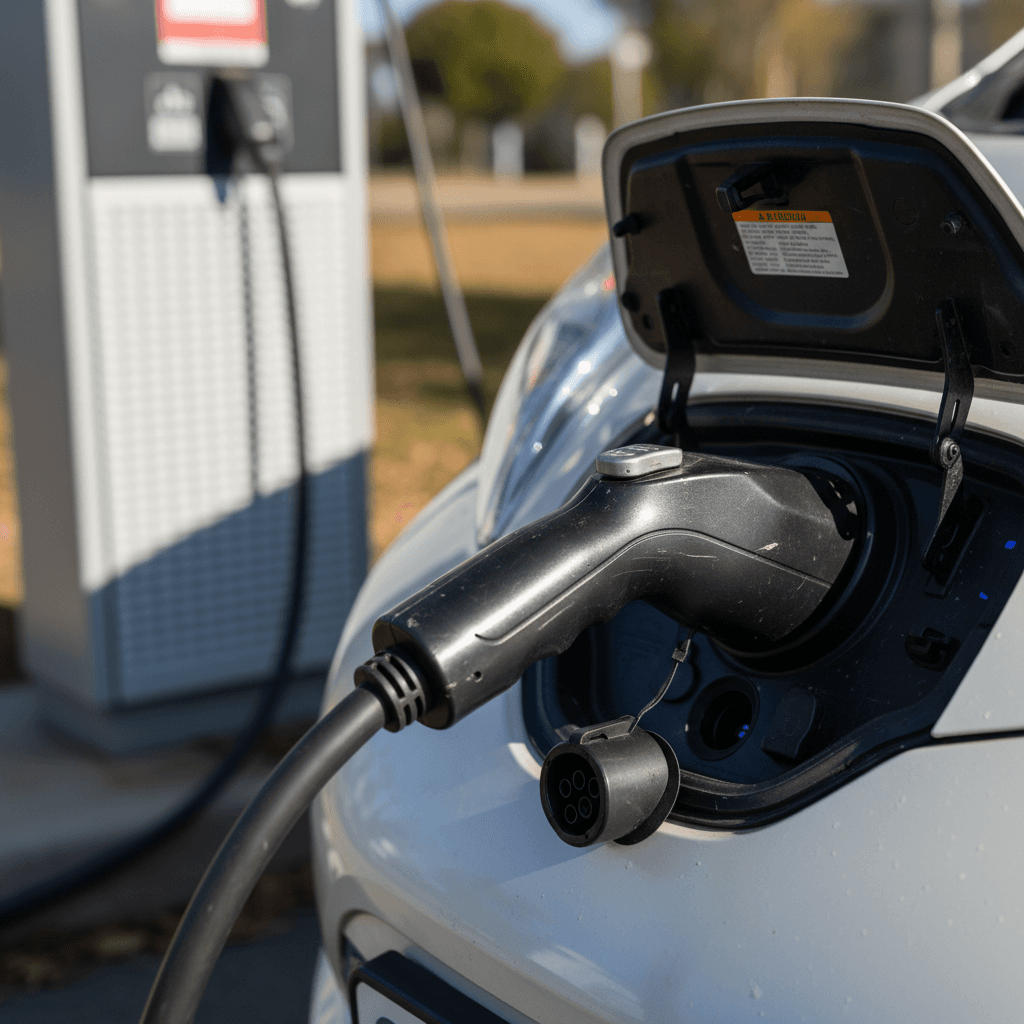Simplified map illustration showing clusters of EV charging stations around Fayetteville, NC and along I‑95, with icons for Level 2 and DC fast chargers.