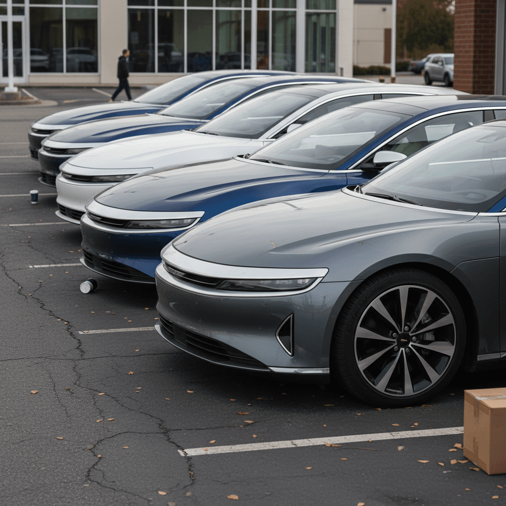 Row of used Lucid Air sedans parked on a lot, highlighting the importance of battery health and depreciation for buyers
