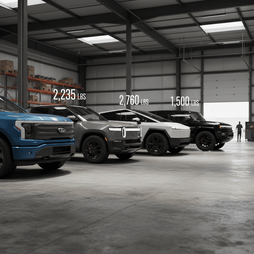 Lineup of modern electric trucks and SUVs parked side by side with visible bed and cargo areas, illustrating differing payload capabilities