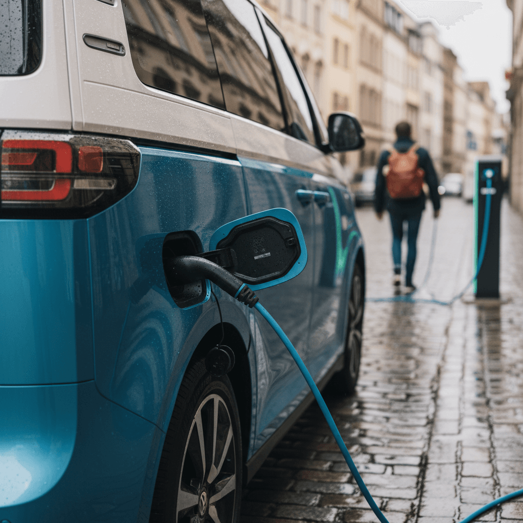 Family loading luggage into an electric minivan at a charging station on a road trip
