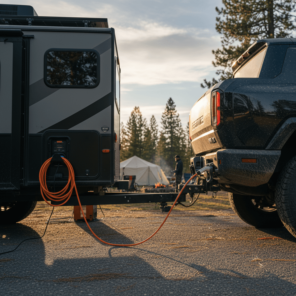GMC Hummer EV pickup connected to a travel trailer at a campsite with a charging cable plugged in