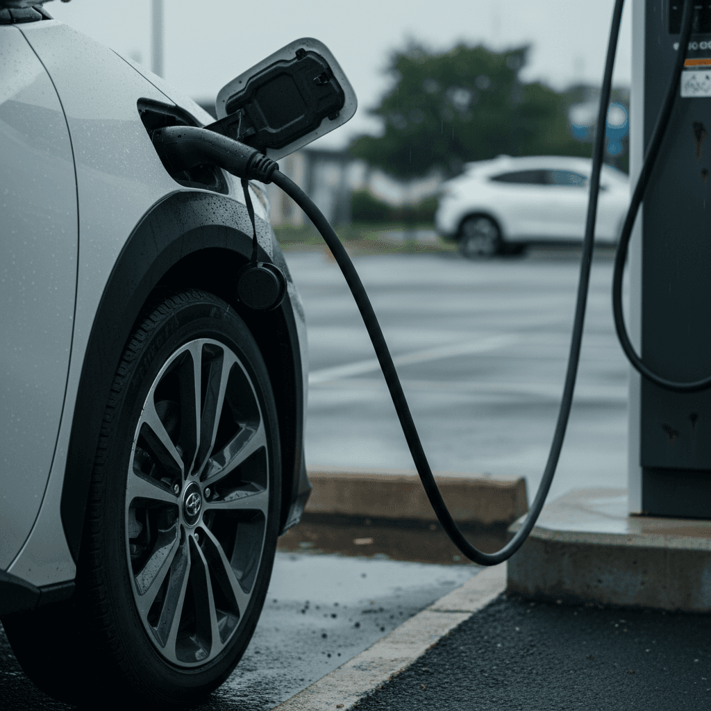 2024 Lexus RZ plugged into a DC fast charger at a highway rest stop, highlighting the SUV’s compact battery pack and charging limitations