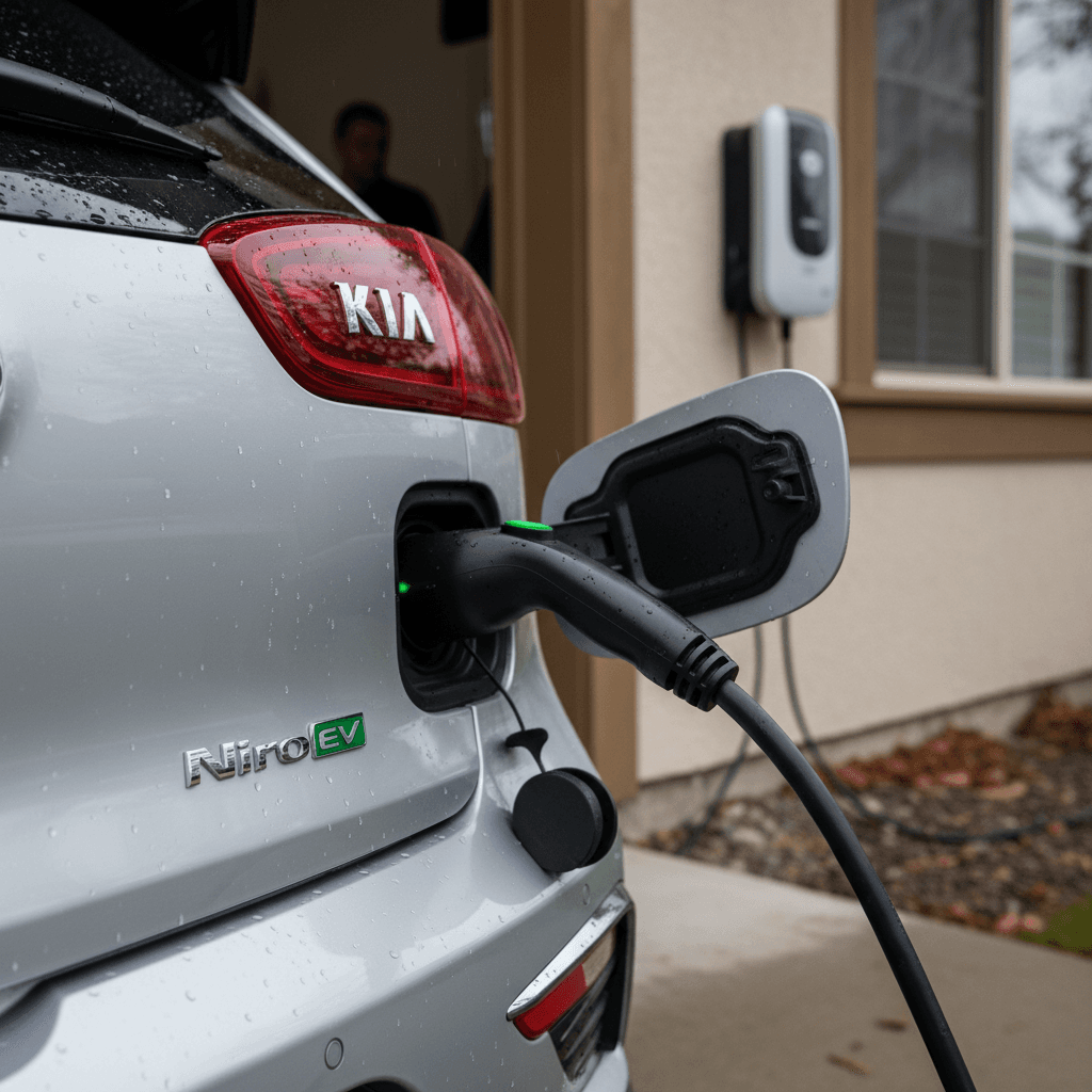 Volkswagen ID.4 charging port and wheel close up in a residential driveway