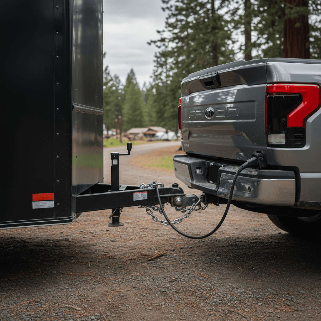 Ford F-150 Lightning electric truck towing a trailer on the highway
