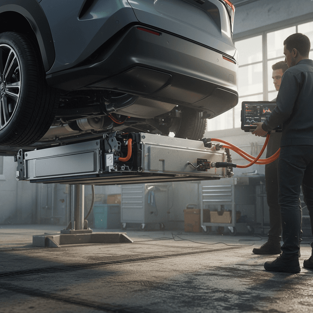 Technician inspecting the suspension and underbody of a Rivian R1T on a lift