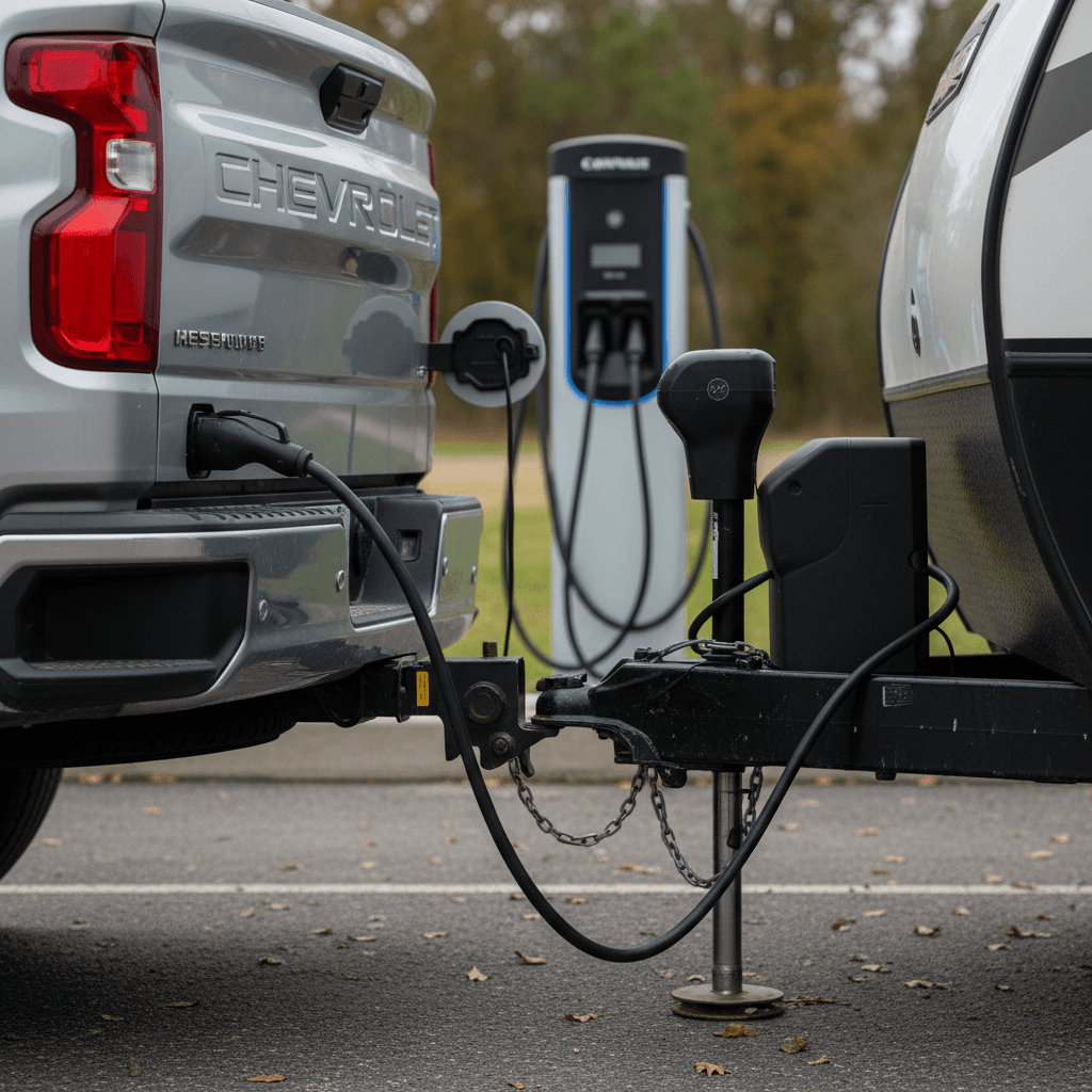 Chevy Silverado EV hitched to a tandem-axle trailer while plugged into a DC fast charger