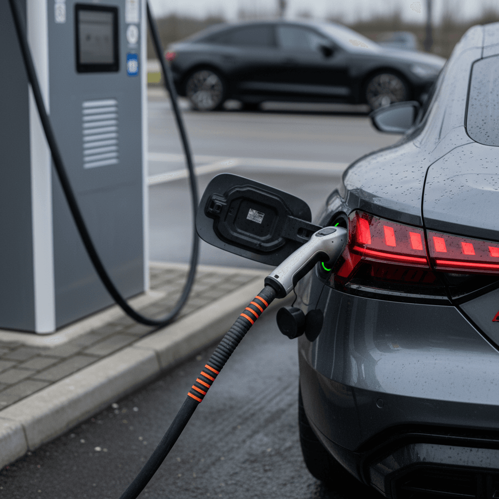 Audi e-tron GT charging at an ultra-fast DC station during a nighttime road trip stop
