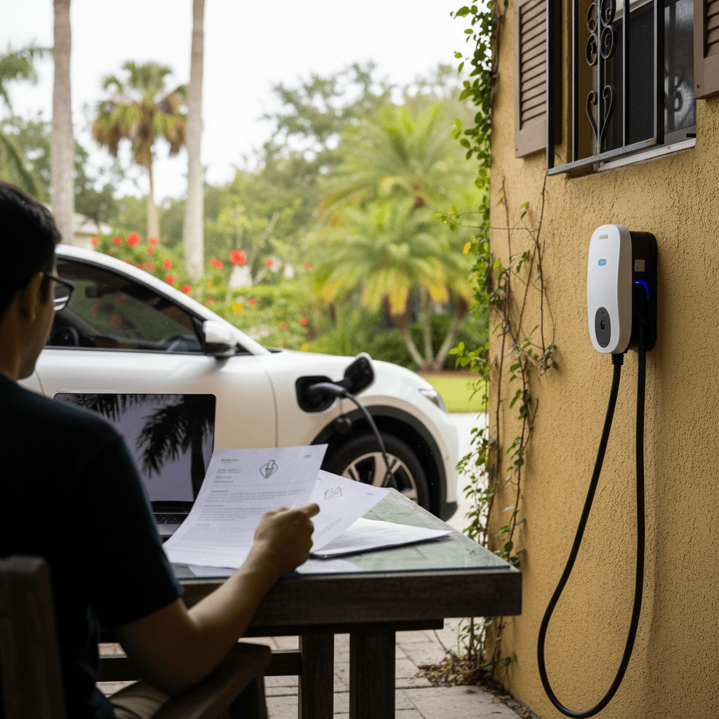 Orlando homeowner looking at a utility bill showing an EV rebate credit next to an electric vehicle charging in the driveway