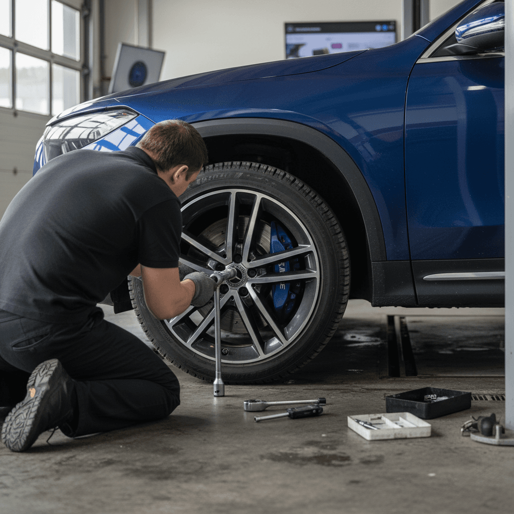 Technician inspecting front brakes and tires on a Mercedes EQB during routine maintenance