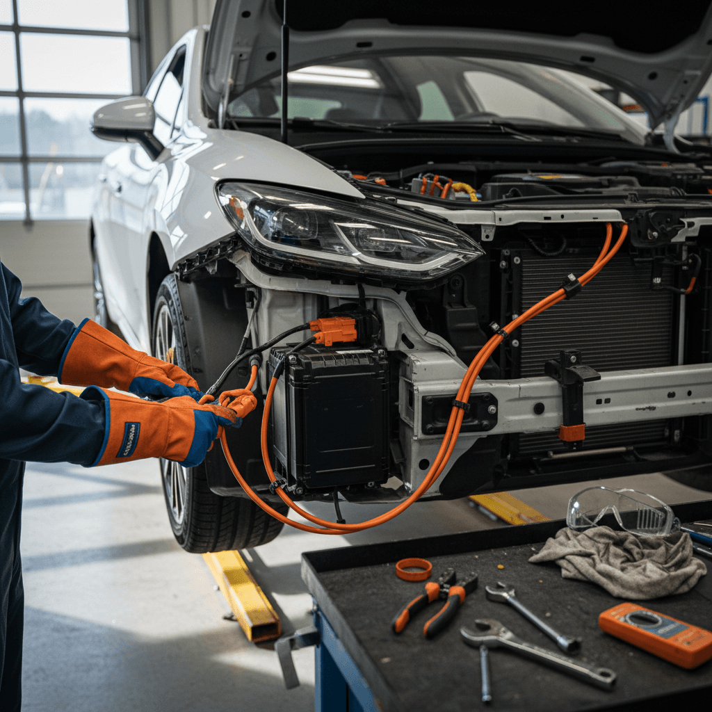 Collision repair technician in insulated gloves inspecting an electric car’s high-voltage battery area near damaged body panels