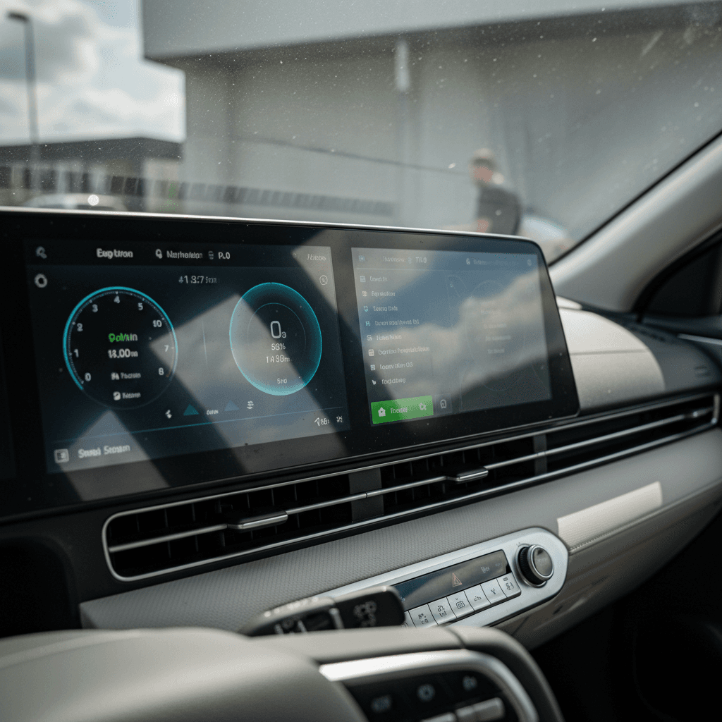 Close-up of Hyundai IONIQ 5 dual digital screens showing reflections and smudges before installing a screen protector