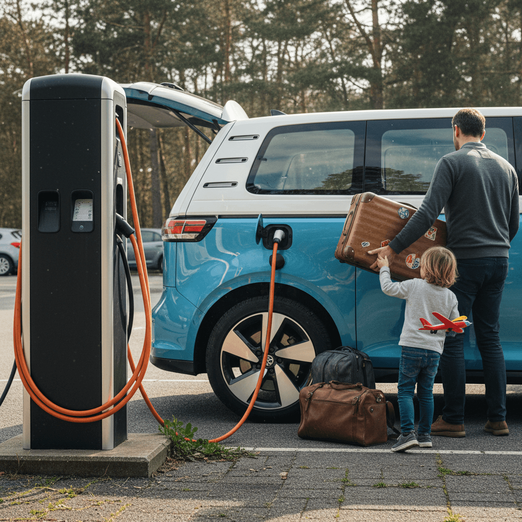 Family charging a VW ID. Buzz at a highway fast charger on a road trip