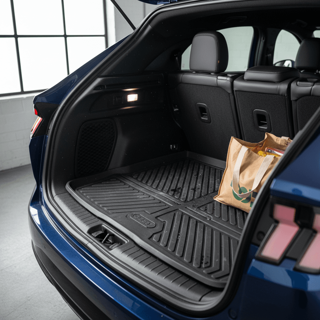 Ford Mustang Mach‑E rear cargo area with a custom-fit all-weather cargo liner protecting the floor and seat backs