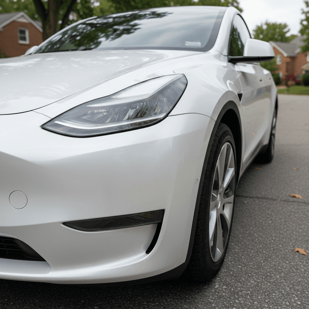 Close-up view of a 2021 Tesla Model Y front fender, headlight and wheel showing potential panel gaps and trim alignment issues.