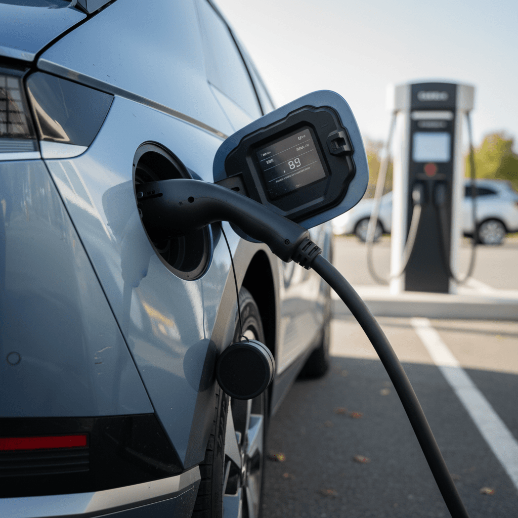 Hyundai IONIQ 5 plugged into a public fast charger using a NACS connector, with charging information shown on the station display.