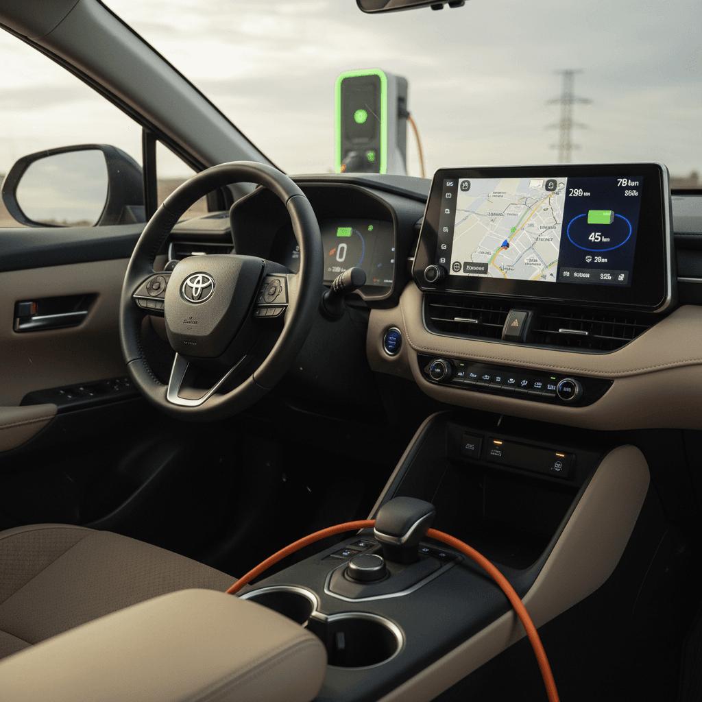 Toyota bZ4X plugged into a public DC fast charger, showing wheel and charging port detail