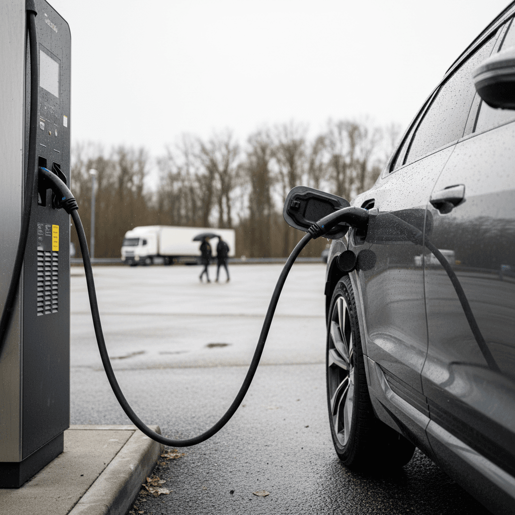 Audi Q8 e-tron charging at a highway DC fast charger during a road trip stop