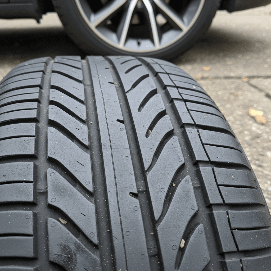 Close-up of an EV tire tread pattern showing noise-reducing blocks and sipes