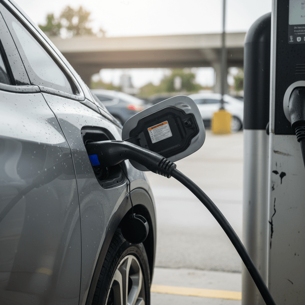 2018 Nissan Leaf charging via CHAdeMO connector at a public fast charger