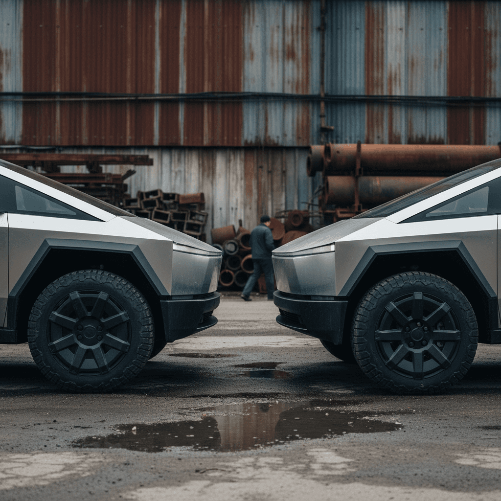 Tesla Cybertruck AWD and Cyberbeast parked side by side showing different wheel and trim choices