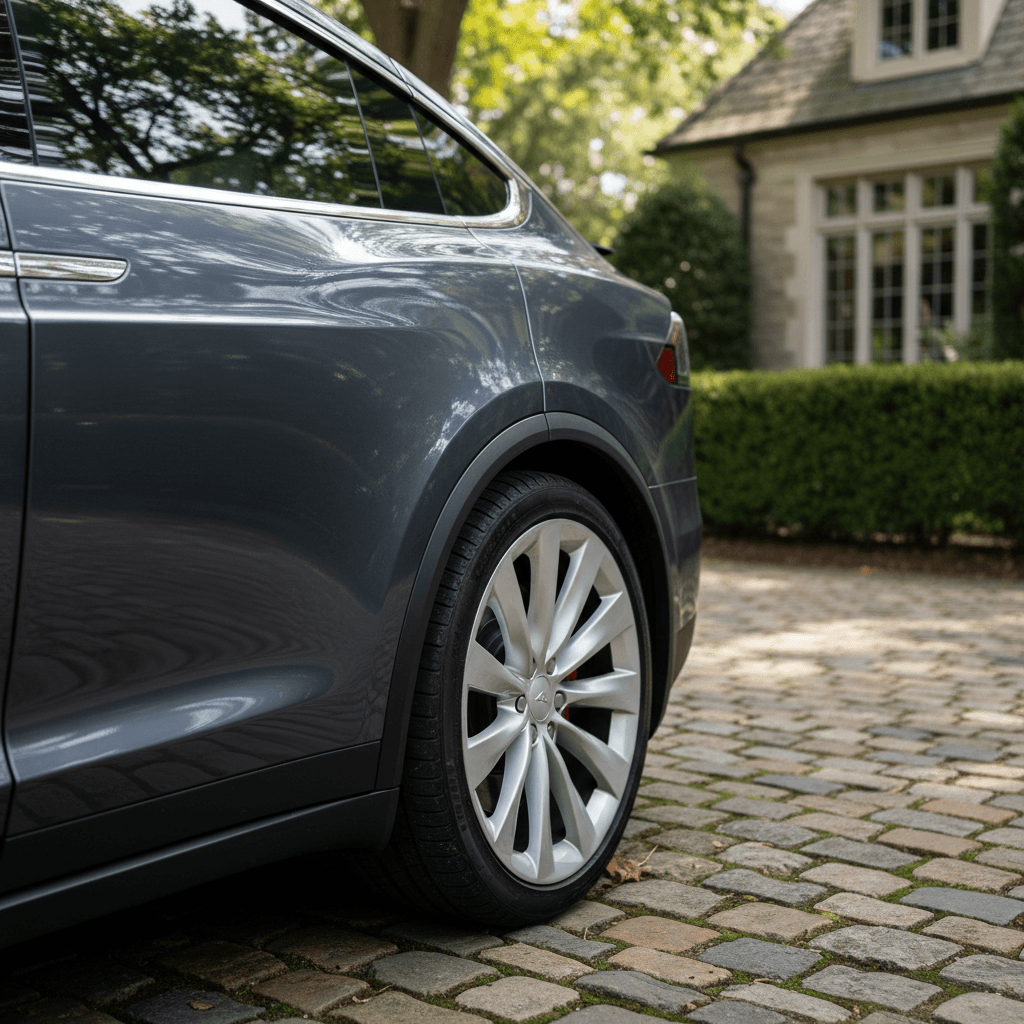 Close-up of a Tesla Model X falcon wing door and wheel parked in a driveway