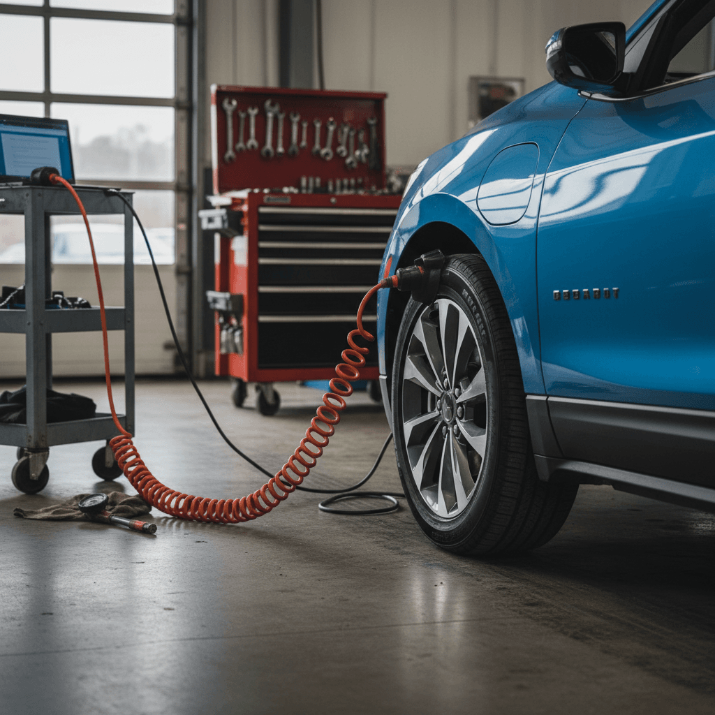 Technician inspecting a Chevy Equinox EV in a service bay with wheels and diagnostic equipment visible