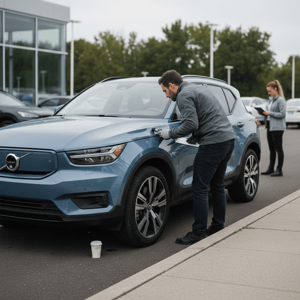 Used Volvo XC40 Recharge being inspected on a dealership lot before trade-in appraisal