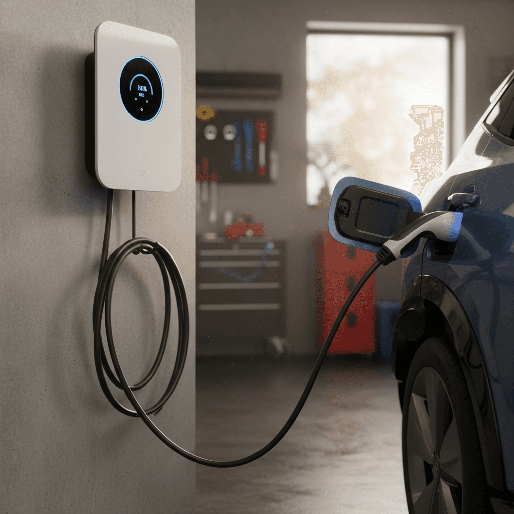 Mini Cooper Electric charging at a home wallbox with energy cost details displayed on the dashboard screen