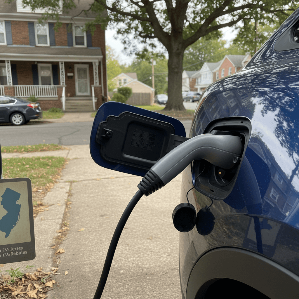 Used electric car charging on a Level 2 charger in a New Haven-style residential garage