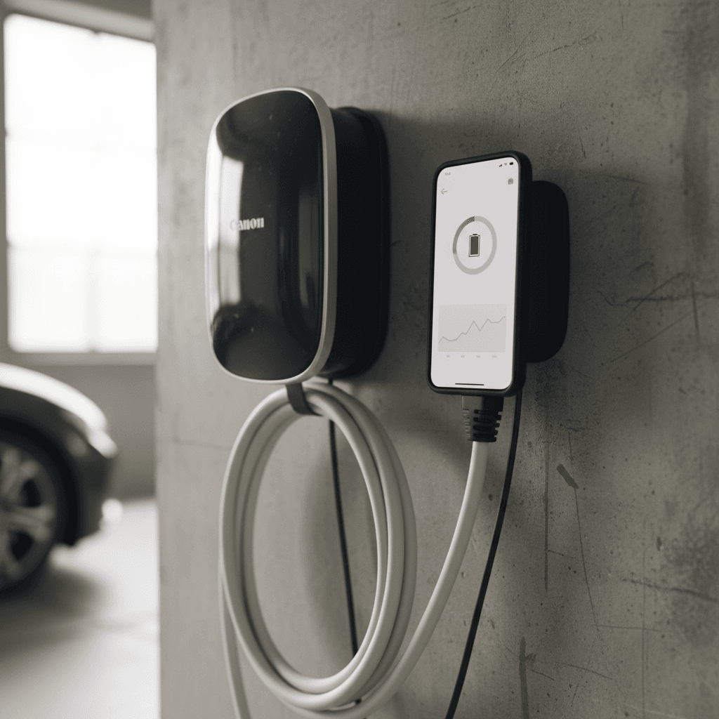 Close view of a wall mounted home Level 2 EV charger with cable neatly coiled and a smartphone showing charging status in an app.