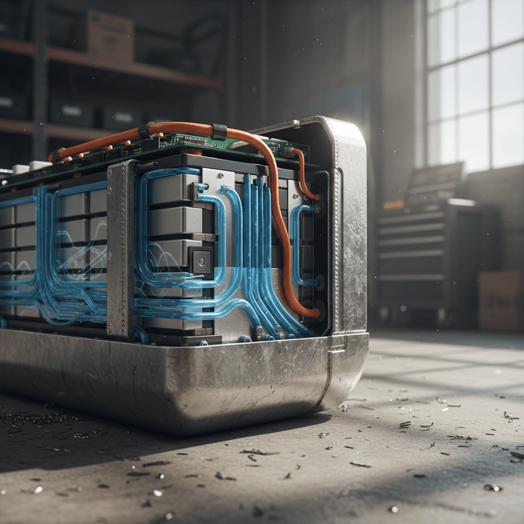 Cutaway illustration of an EV battery pack showing modules, coolant channels, and structural protection that enhance safety