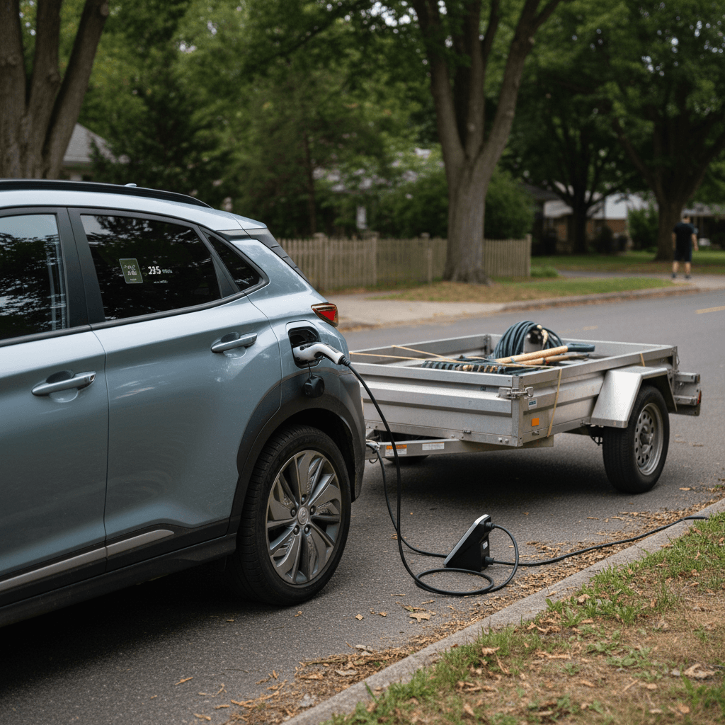 Chevy Bolt EV hitched to a small utility trailer in a driveway, highlighting the tow setup and compact size of both vehicle and trailer