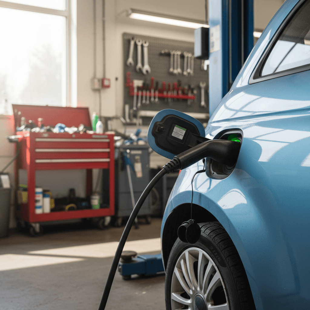 Mechanic inspecting the charging port and rear quarter panel of a Fiat 500e on a lift