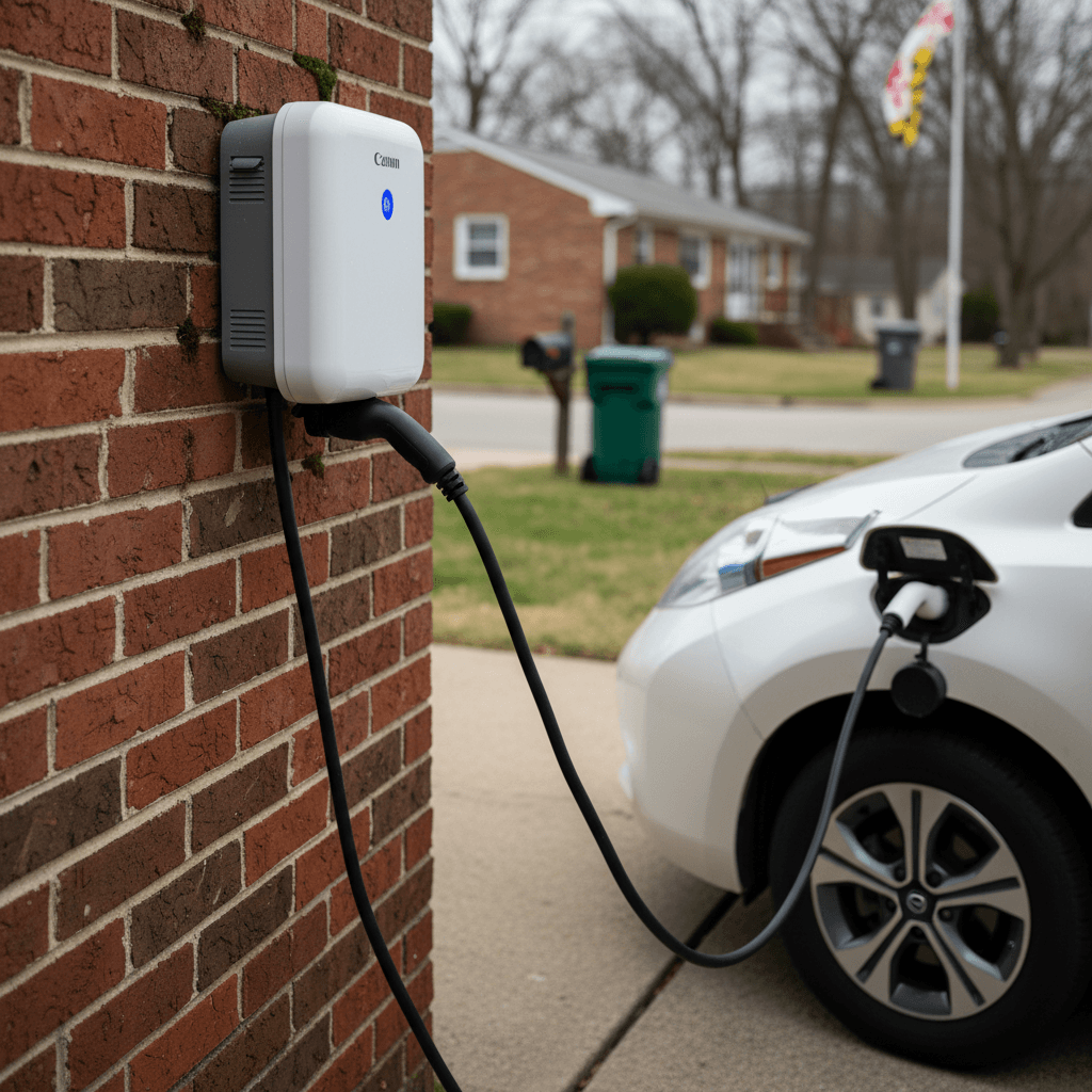 Level 2 home EV charger mounted on a brick house in a Silver Spring style neighborhood with a compact electric car in the driveway