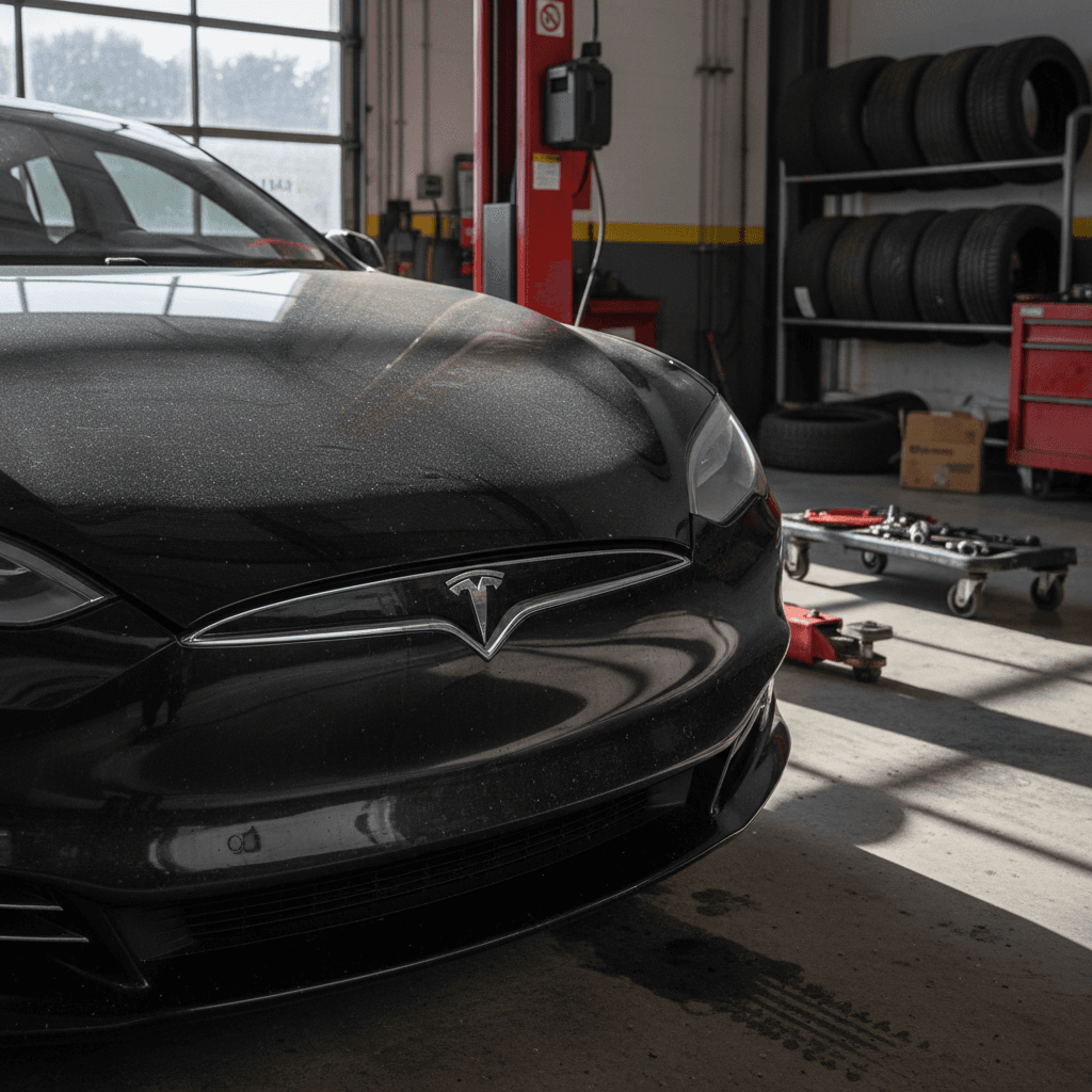 Volvo C40 Recharge in a dealership service bay with a technician inspecting the front brakes and wheels