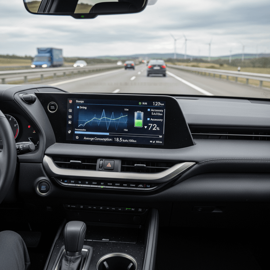 Energy usage screen of a 2024 Lexus RZ showing consumption over a highway drive