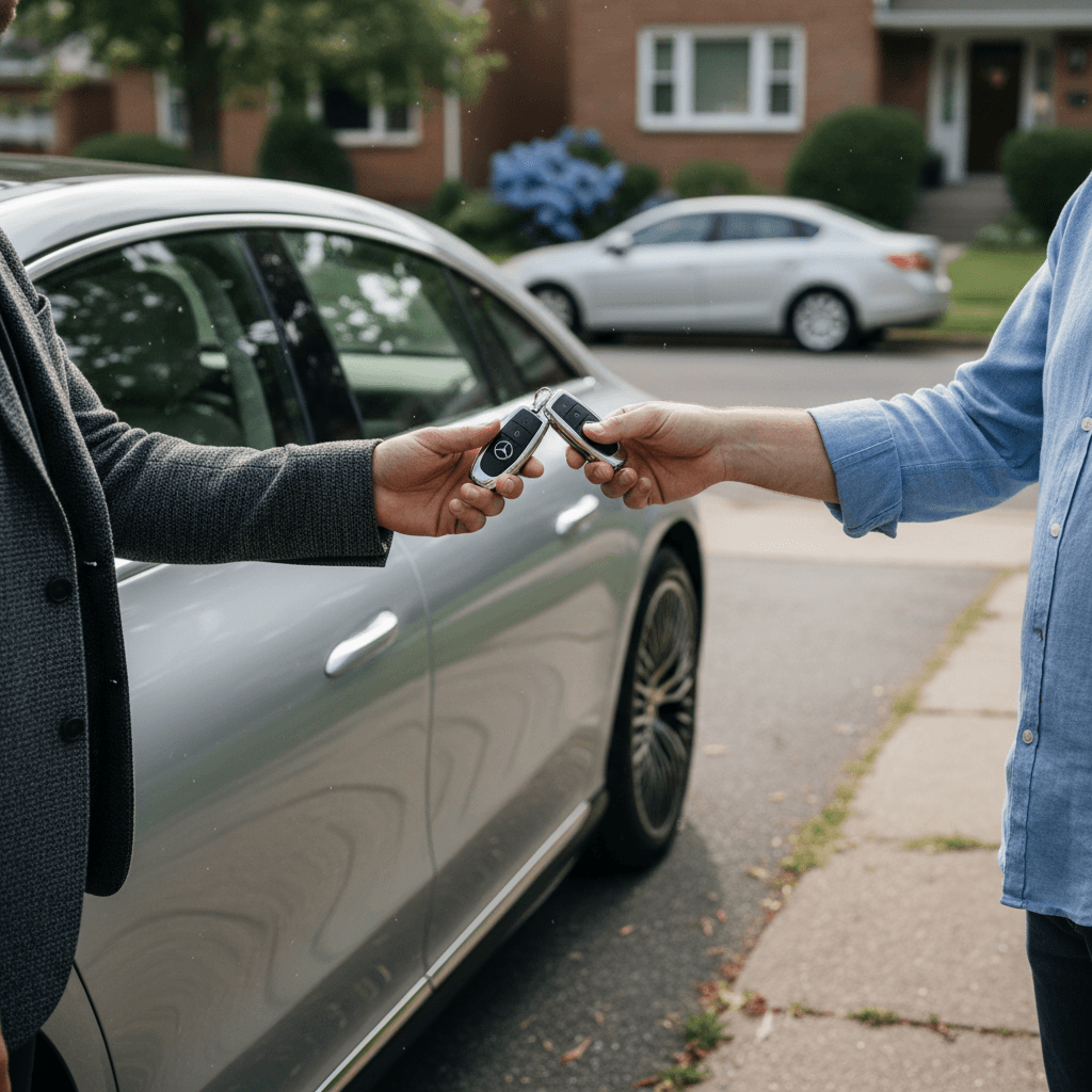 Seller handing keys to buyer beside a silver Mercedes EQS during a successful private sale