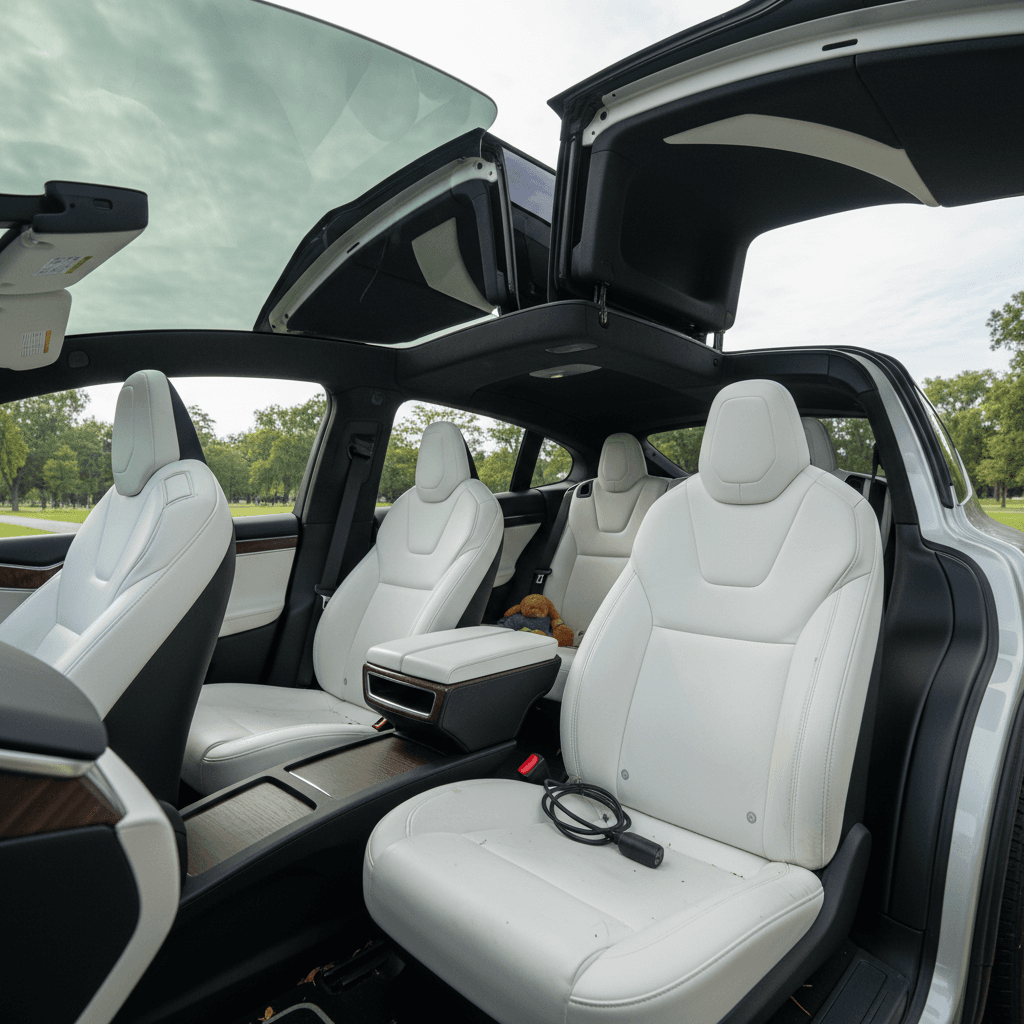 Interior of a 2021 Tesla Model X showing minimalist dashboard, large touchscreen, and three rows of seating