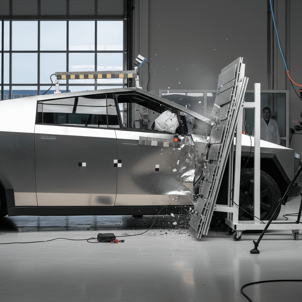 Tesla Cybertruck undergoing side-impact crash test into a deformable barrier in a safety lab