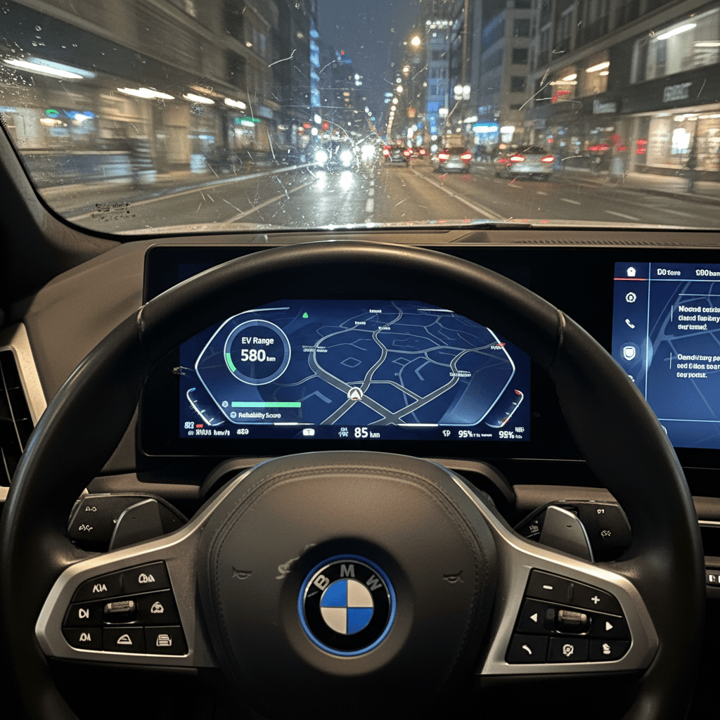 BMW iX digital dashboard and central touchscreen running iDrive software at night