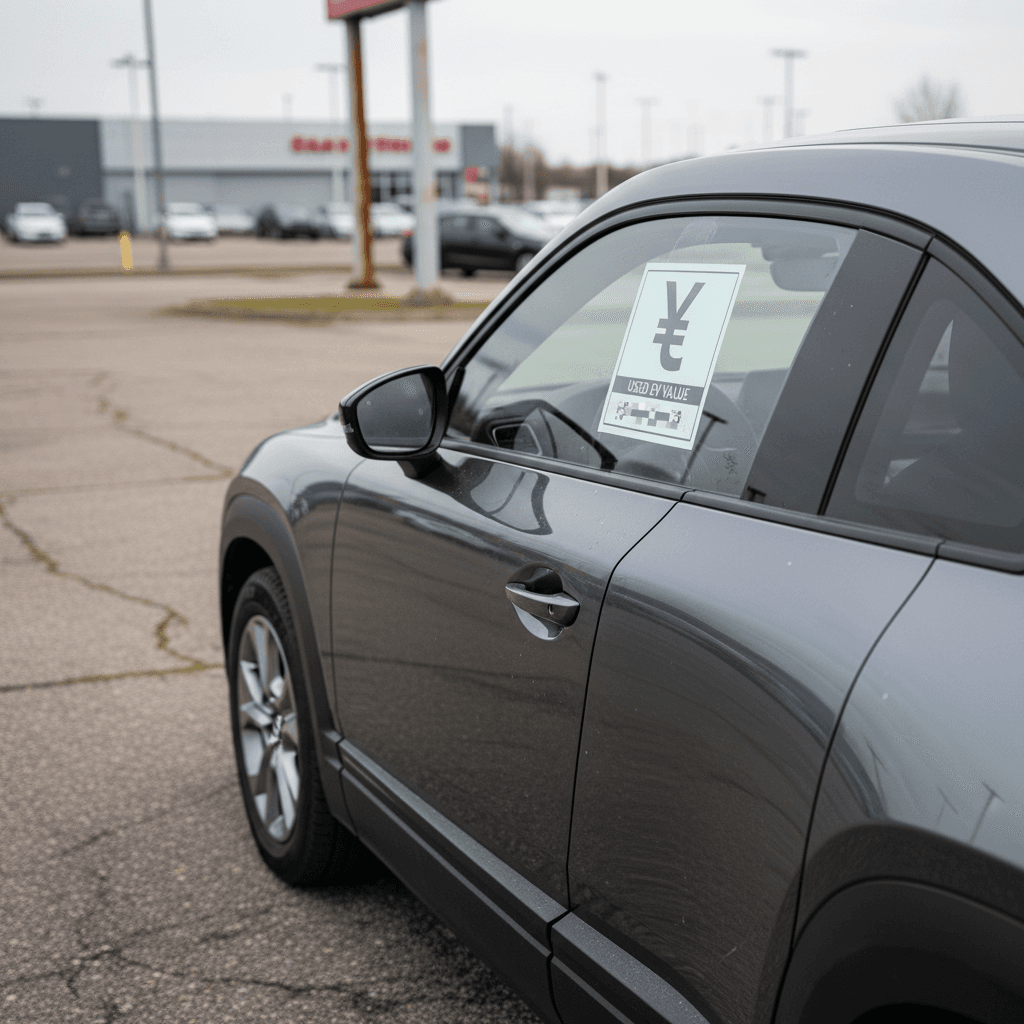 Used Mazda MX-30 EV parked at a dealership lot showing a window sticker