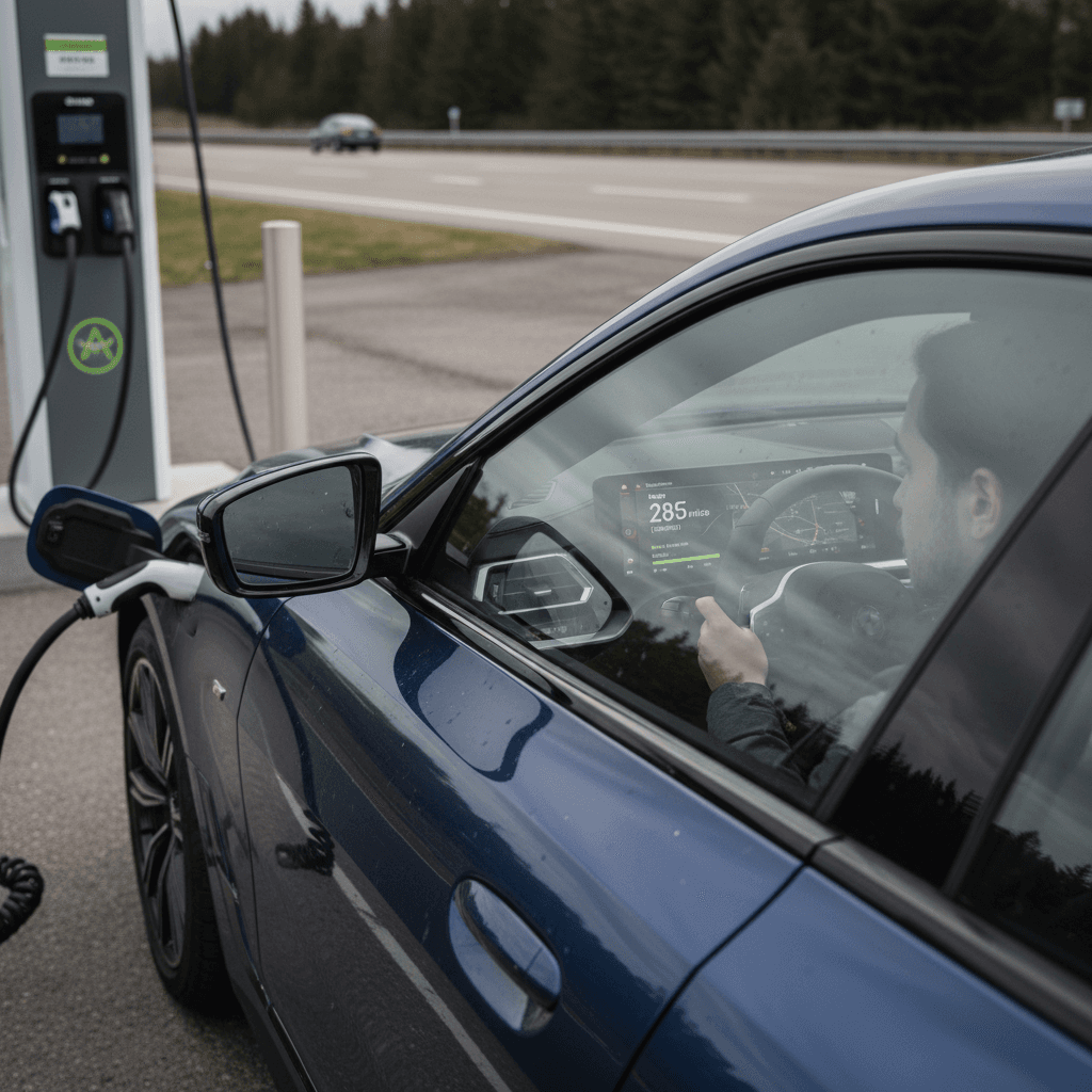 BMW i4 charging at a highway fast charger while the driver checks range estimates on the center display