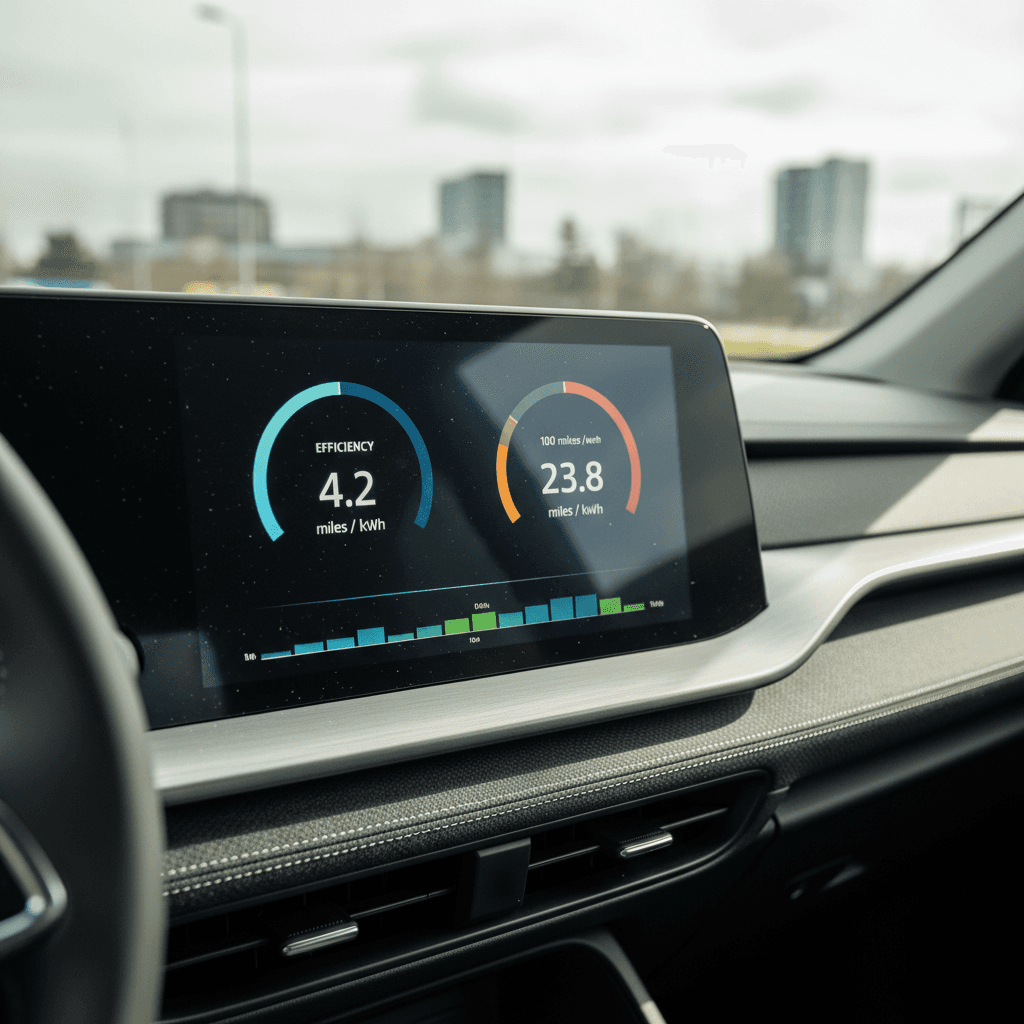 Close-up of an EV dashboard showing efficiency readouts in miles per kWh and kWh per 100 miles